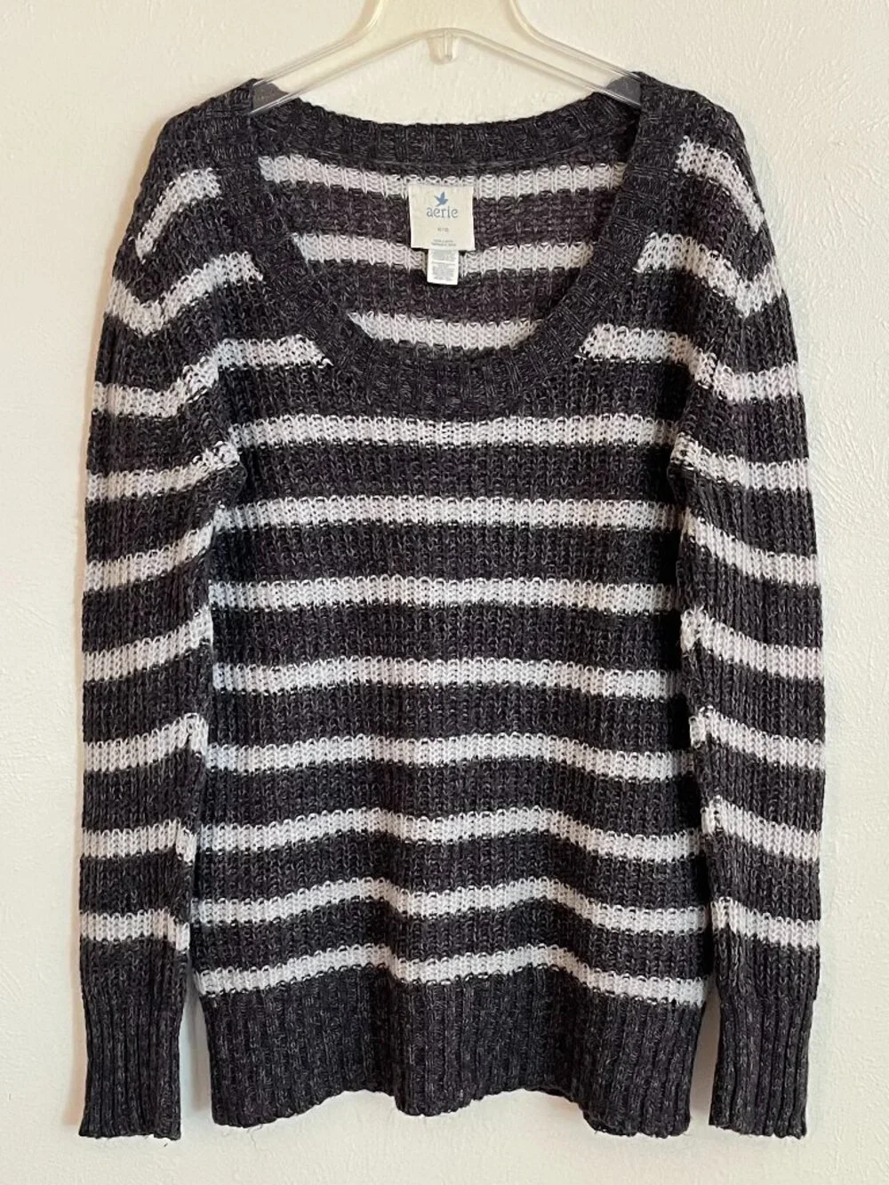 Aerie Women's Gray White Striped Loose Knit Sweater Size XL Y2K Wool Mohair